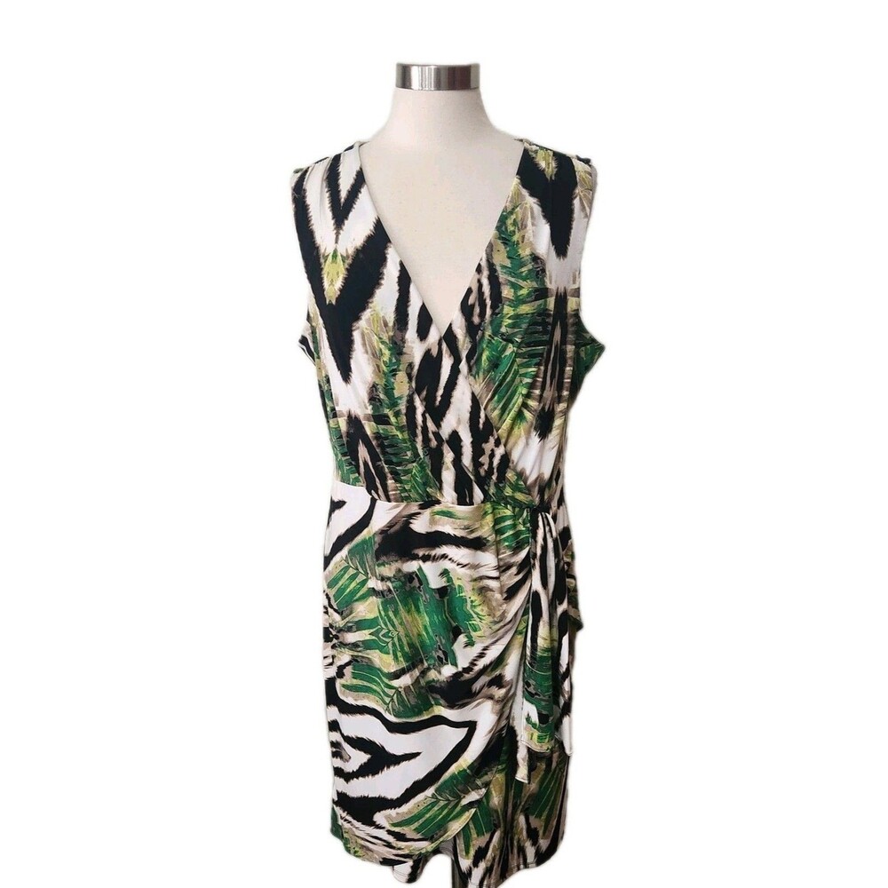 Worthington Womans Dress XL Green Brown Faux Wrap Side Tie V-Neck Sleeveless